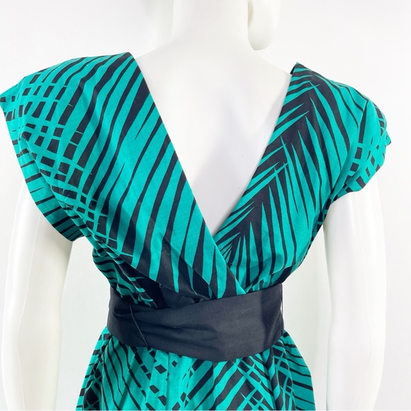 On The Rocks California Vintage Teal Green Dress Size 7/8 Black Palm Leaf Print - Picture 9 of 11